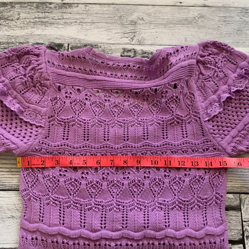 Zara Pointelle Knit Crochet Puff Sleeve Scoop Neck Lavender Cropped Sweater - Picture 11 of 13